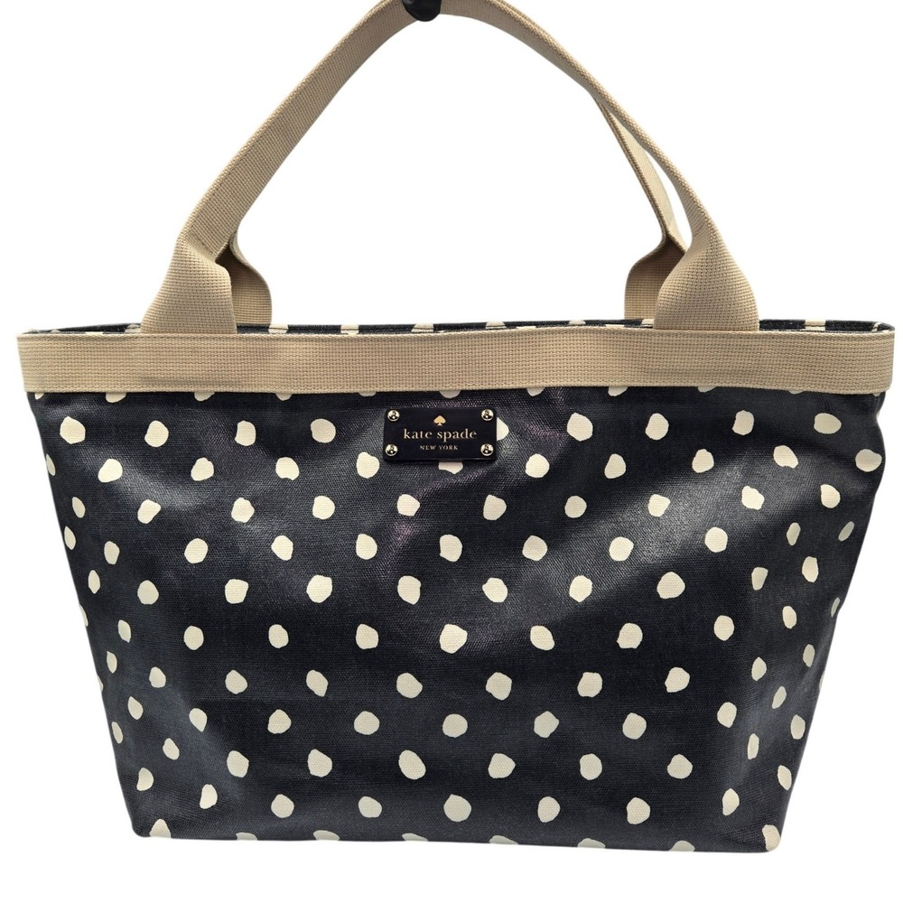 Kate Spade New York Black White Polka Dot Canvas‎ Tote Bag Beige Straps